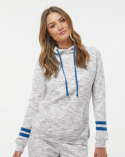 J. America 8674 Women’s Mélange Fleece Striped-Sleeve Hooded Sweatshirt