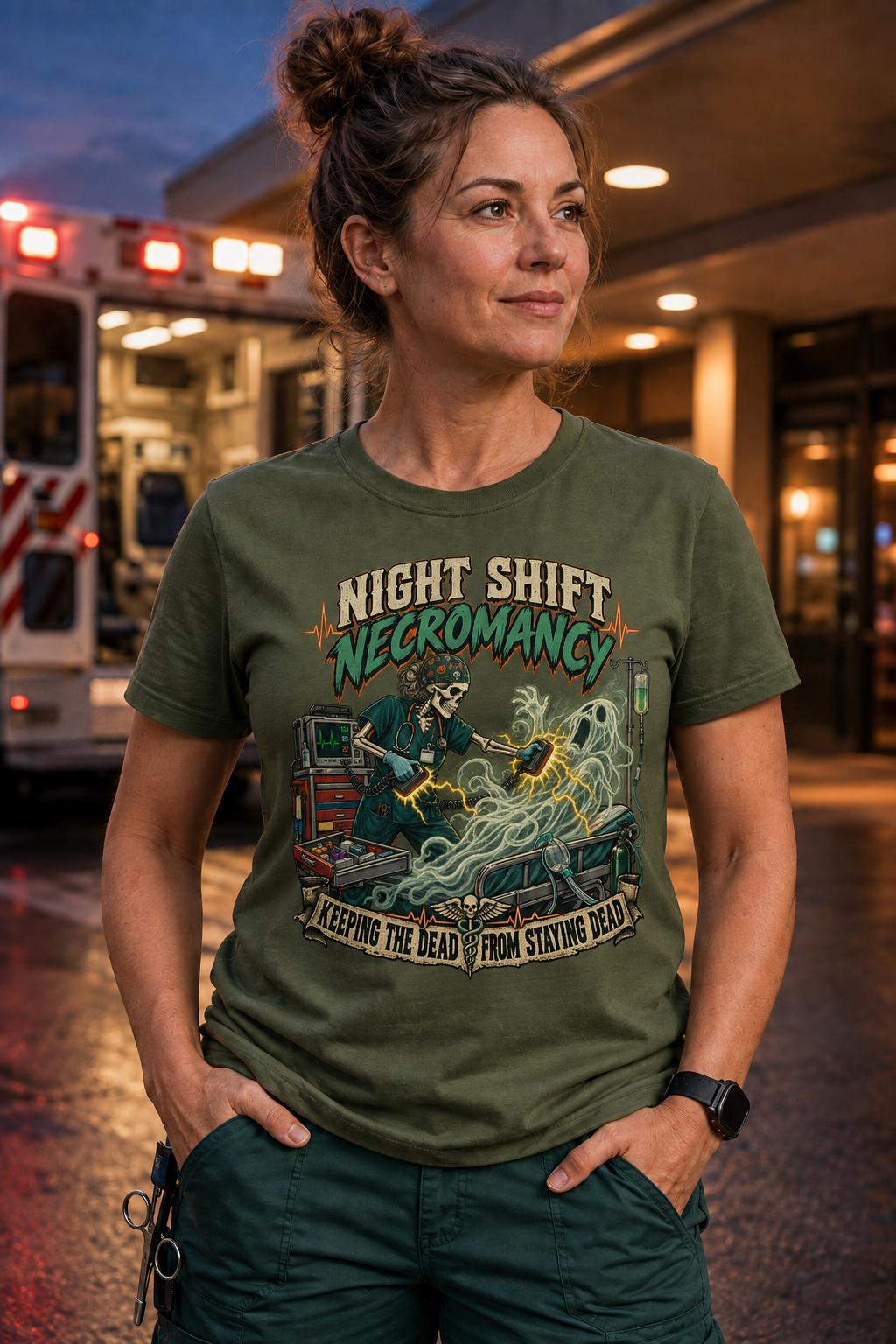 Night Shift Necromancy Nurse Shirt, Spooky ER ICU Halloween Tee