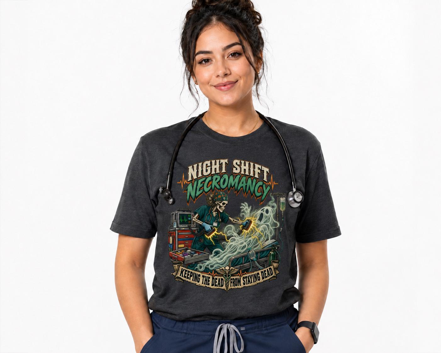 Night Shift Necromancy Nurse Shirt, Spooky ER ICU Halloween Tee