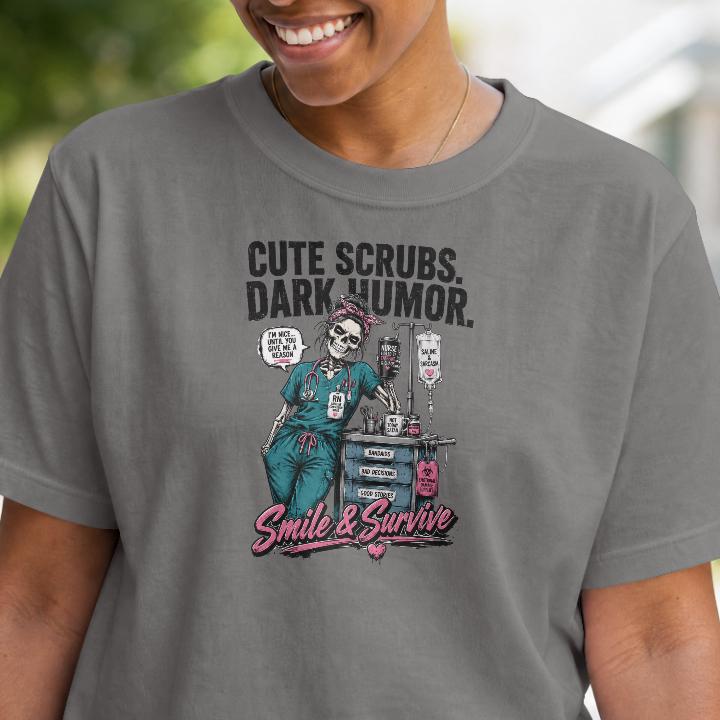 Skeleton Nurse Shirt, Dark Humor Healthcare Worker Tee, Smile & Survive Apparel
