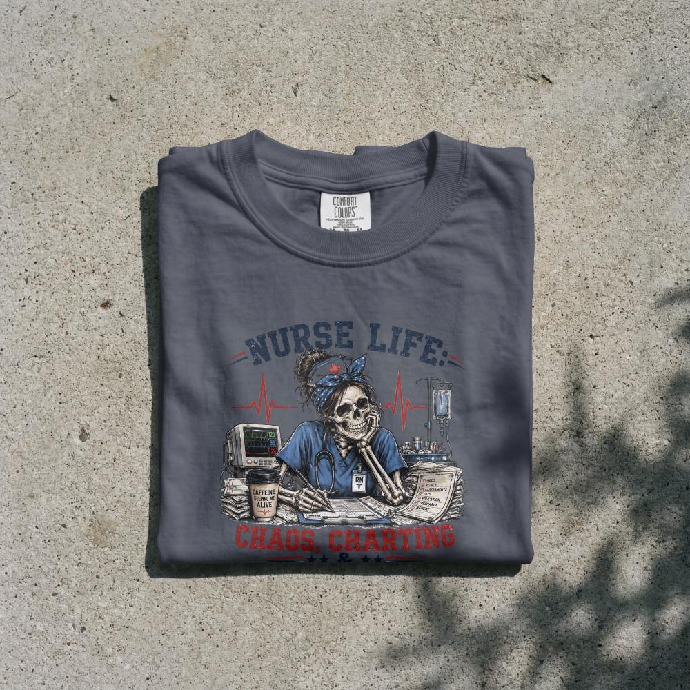 Nurse Life Shirt, Chaos Charting No Lunch Break Skeleton Tee
