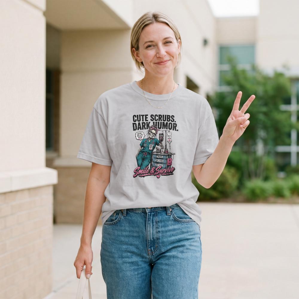 Skeleton Nurse Shirt, Dark Humor Healthcare Worker Tee, Smile & Survive Apparel