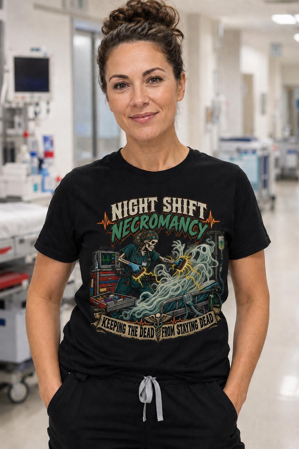 Night Shift Necromancy Nurse Shirt, Spooky ER ICU Halloween Tee