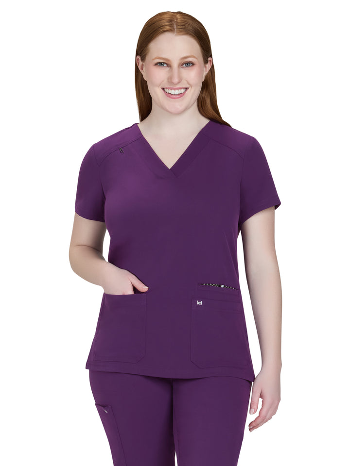 koi - Next Gen - Women's Three-Pocket Wide V-Neck Stretch Hustle and Heart Top