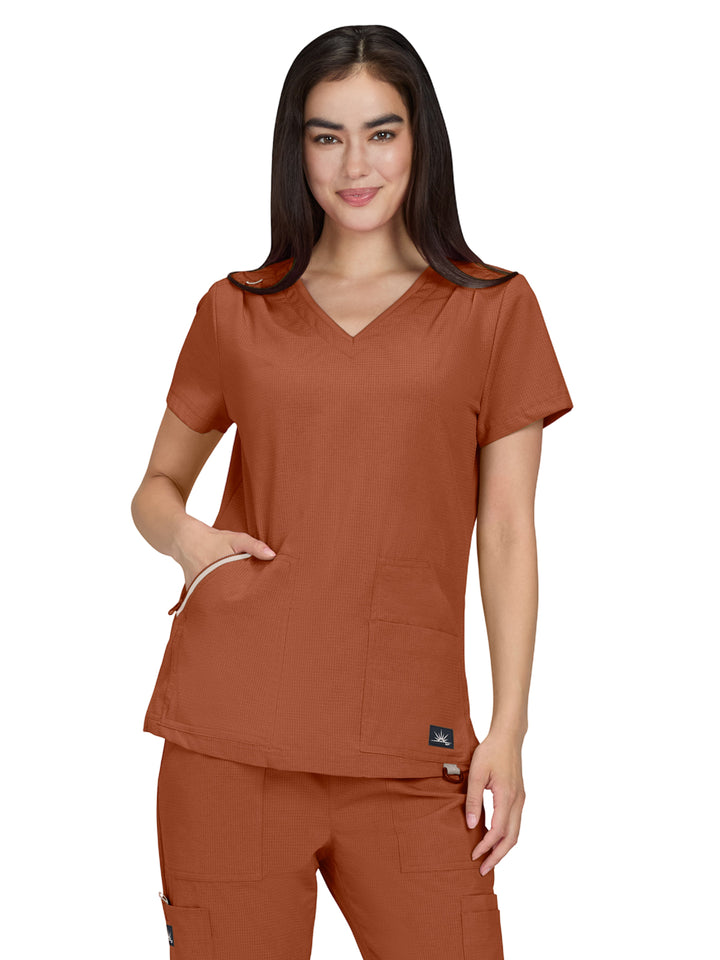 koi - Solis - Women's Ribbed 4-Pocket V-Neck Sari Top